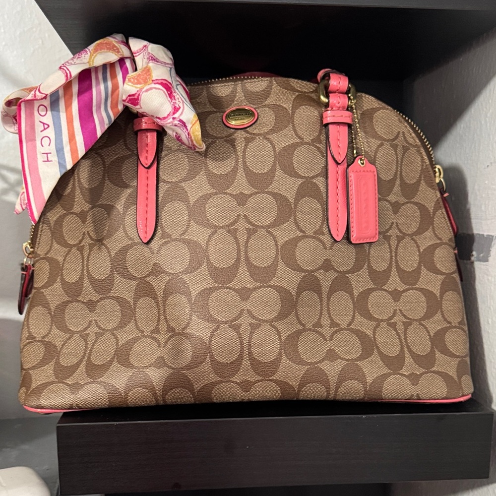 Coach Brown Monogram Dome Satchel with orange  Trim
